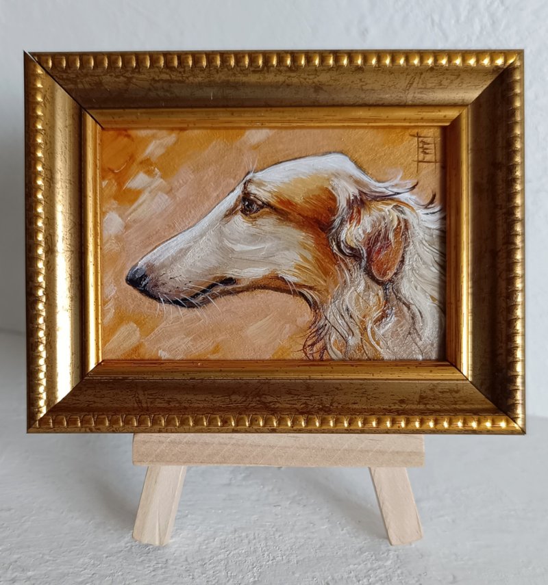 ACEO 俄羅斯獵狼犬肖像油畫原畫 狗狗藝術 2.5*3.5 英寸 - 壁貼/牆壁裝飾 - 其他金屬 金色