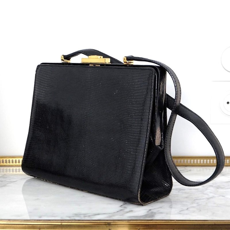 French Vintage Lizard Leather Bag - Messenger Bags & Sling Bags - Genuine Leather Black