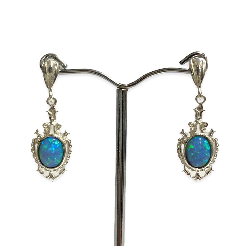 Victorian Style Gilson Opal Royal Set Pendant and Earrings 925 Sterling Silver - 耳環/耳夾/耳骨夾 - 純銀 銀色