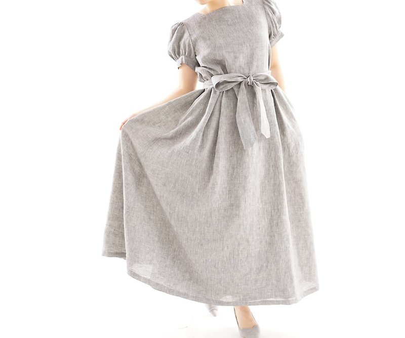 linen dress / short sleeve / maxi dress / square collar / a39-34 - ชุดเดรส - ผ้าฝ้าย/ผ้าลินิน 