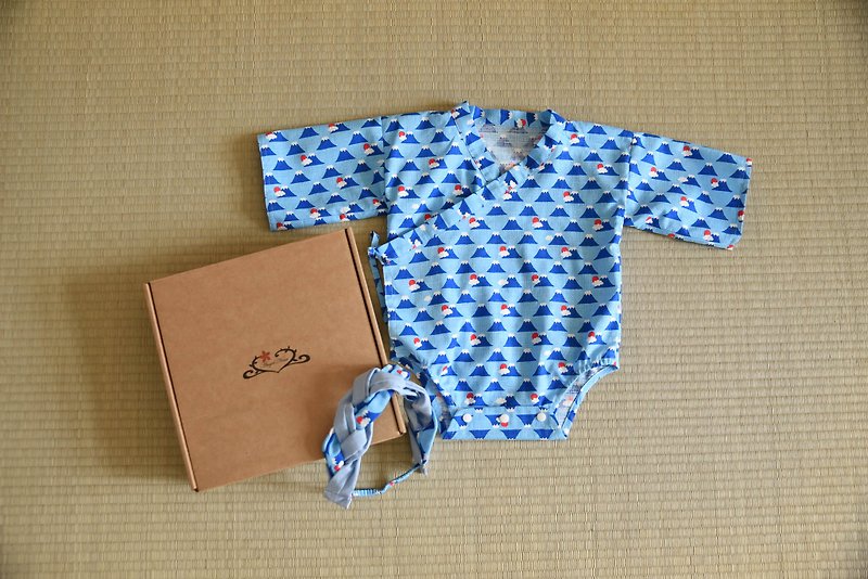 男生 日式和風浴衣包屁衣+髮帶 彌月 收涎 抓周 禮盒組 富士山 - 滿月禮物 - 棉．麻 藍色