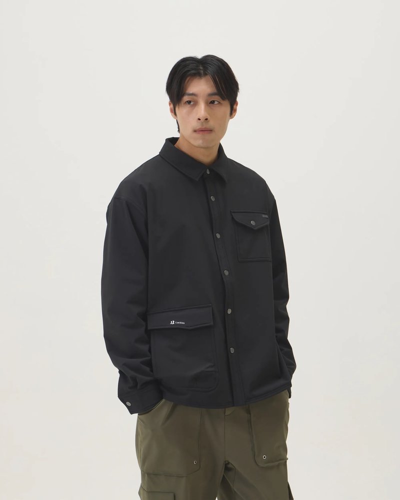 裏起毛マルチポケットシャツジャケット (ブラック) - アウター メンズ - ポリエステル ブラック