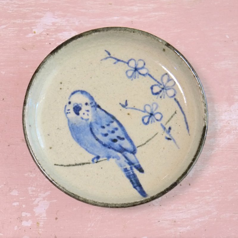 Bird's pottery dish Sekisei parakeet - จานเล็ก - ดินเผา สีน้ำเงิน