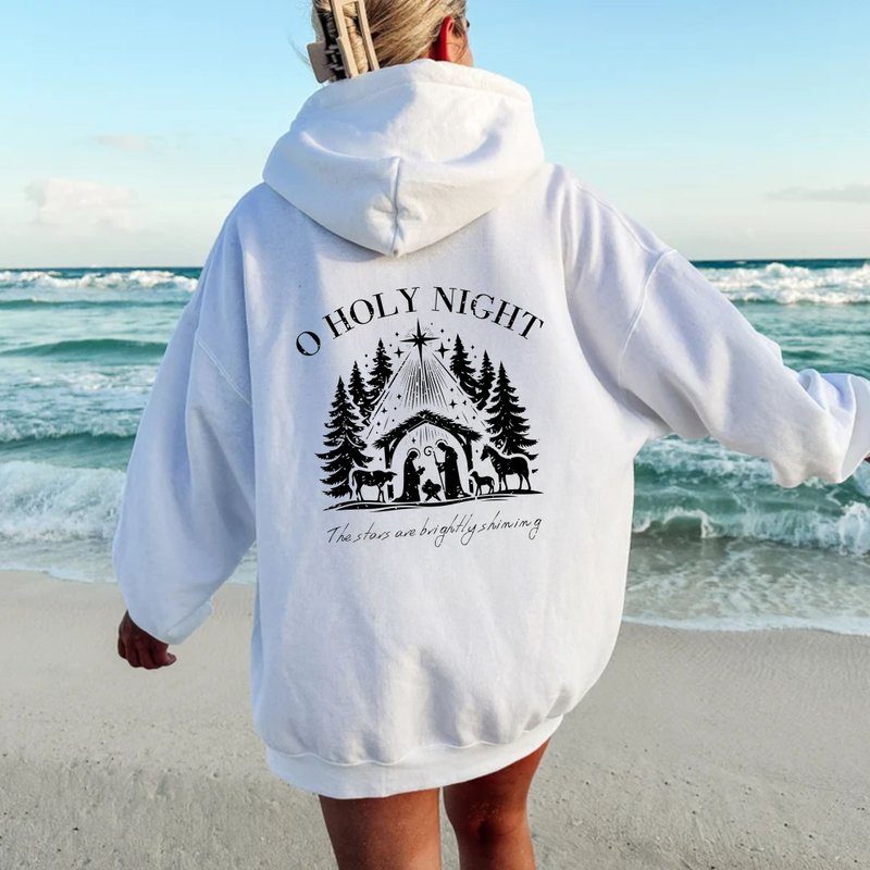 Christmas Gospel Bible Verses Christian Hooded Sweatshirt Long Sleeve Hat tt O Holy Night - เสื้อฮู้ด - ผ้าฝ้าย/ผ้าลินิน ขาว