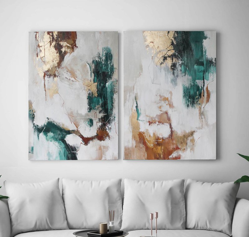 Green abstract painting | Abstract Green Set 2 Emerald Flux Set - 壁貼/牆壁裝飾 - 棉．麻 綠色