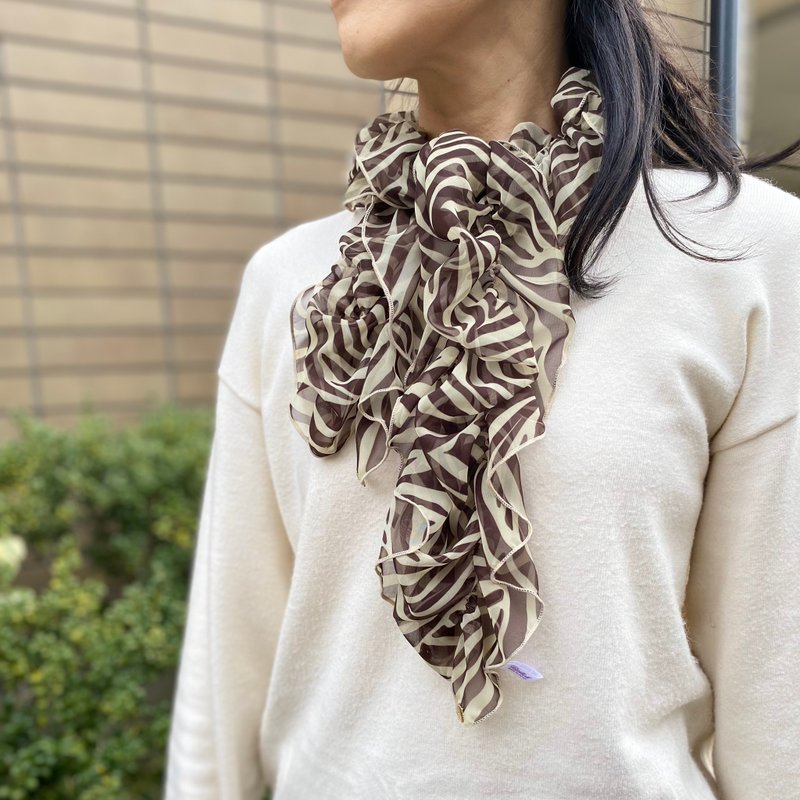 Ballett Soft Chiffon Shirred Scarf in Zebra Pattern Brown - Complete your look with just one wrap - Made in Japan - Washable - ผ้าพันคอ - เส้นใยสังเคราะห์ สีนำ้ตาล