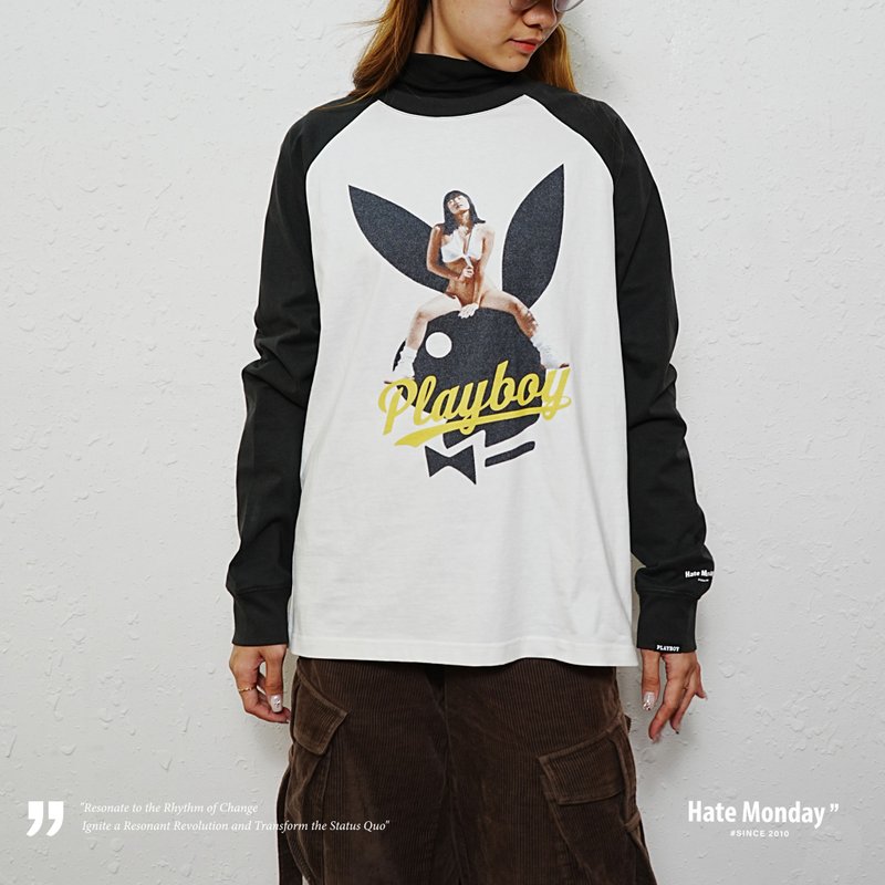 Hate Monday'' X PLAYBOY - LONG SLEEVE TEE(PBHMFW24T53) - Unisex Hoodies & T-Shirts - Cotton & Hemp Silver