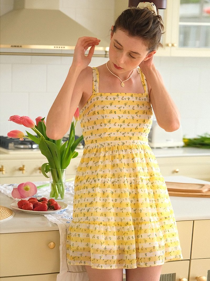 Mintcheese French girl lemon yellow floral suspender dress short skirt