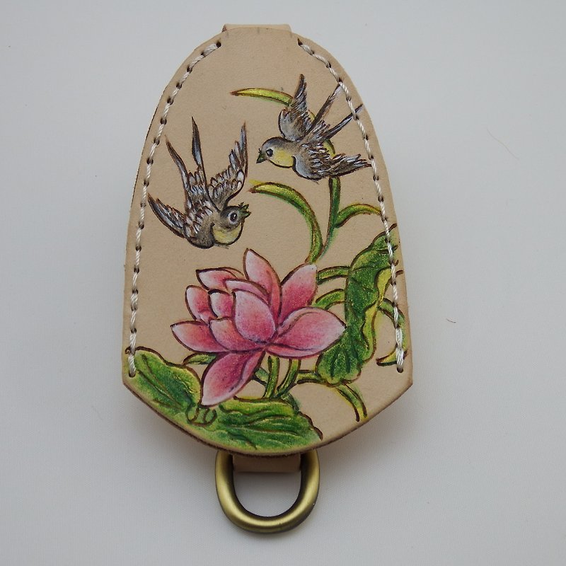 Handmade vegetable tanned leather key case - lotus flower - Keychains - Genuine Leather 