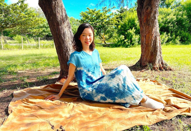 Japanese-style temperament | Angel wings art hand-dyed one-length dress - One Piece Dresses - Cotton & Hemp Blue