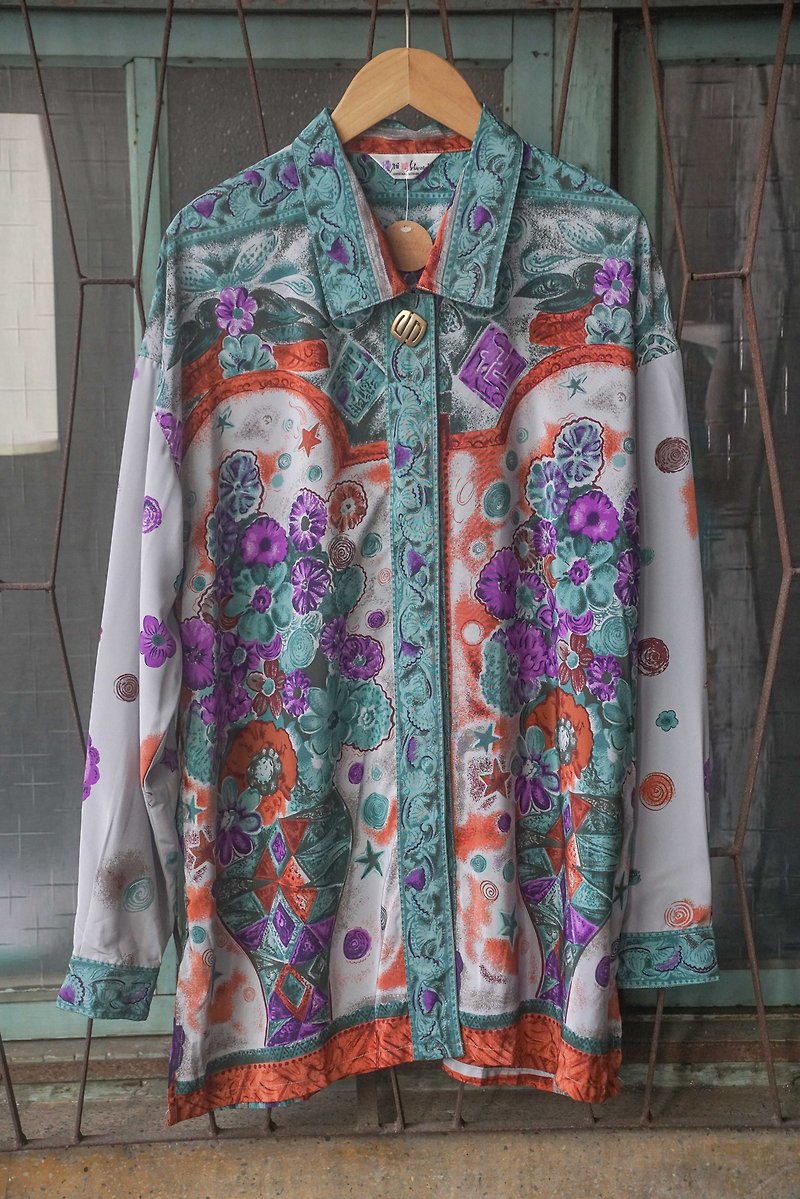 純情百貨行 Vintage 古著 古著襯衫 LS029 繽紛寧靜花瓶襯衫 - 女裝恤衫 - 聚酯纖維 藍色