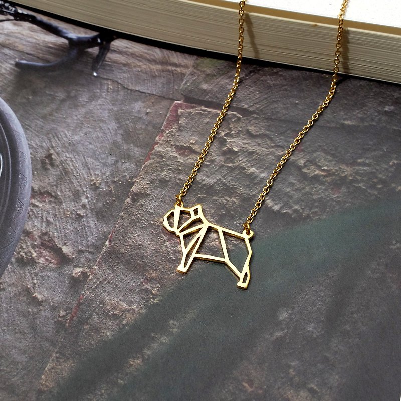 Bulldog Necklace Gift for dog lover, Origami Jewelry, Gold Plated Brass - Necklaces - Copper & Brass Gold