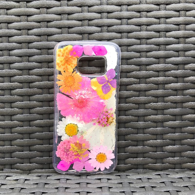 Samsung Galaxy S7 Dry Pressed Flowers Case Pink Daisy Flower case 018 - เคส/ซองมือถือ - พืช/ดอกไม้ สึชมพู