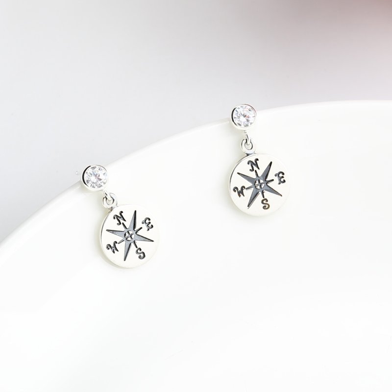 Lucky compass s925 sterling silver earrings (changeable ear clips) gift - Earrings & Clip-ons - Sterling Silver Silver