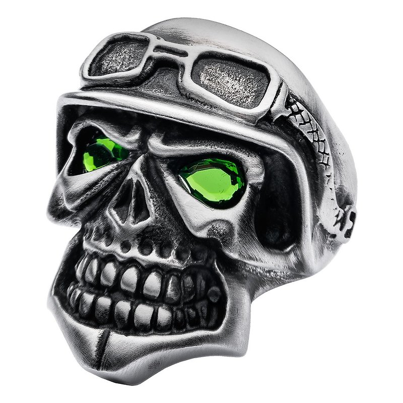 Green Eyed Worn Silver Skull Knight Ring - General Rings - Other Materials Silver