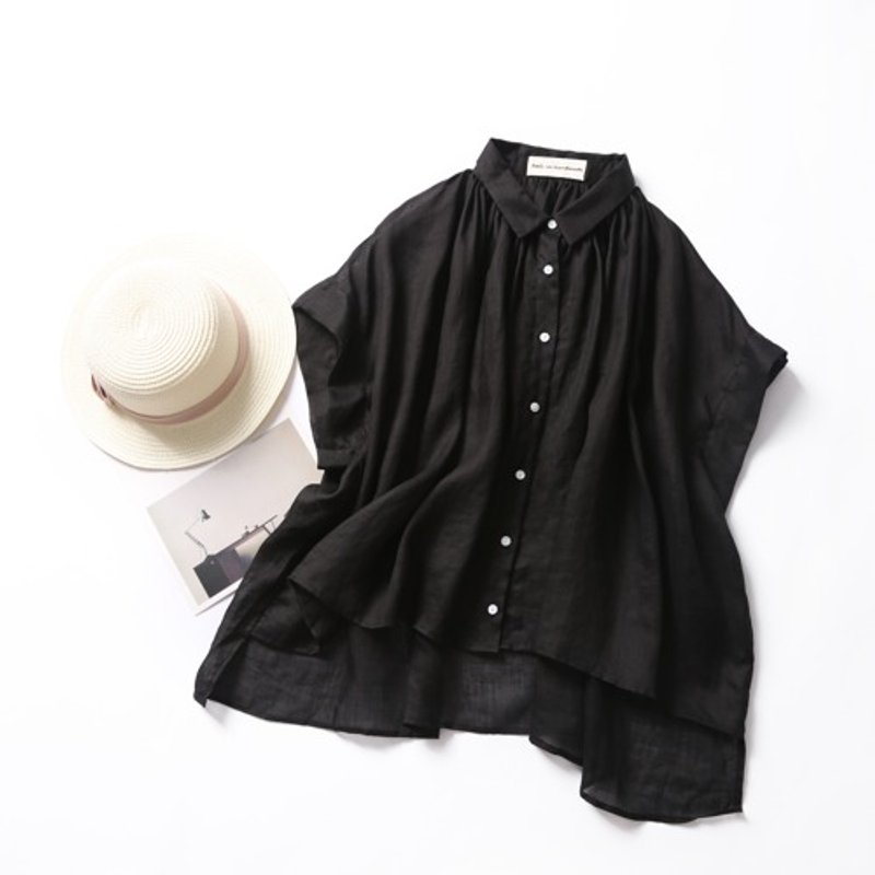 Stylish and sophisticated textured Linen blouse with gathers, natural, thin, plain, black 190712-3 - เสื้อผู้หญิง - ผ้าฝ้าย/ผ้าลินิน 