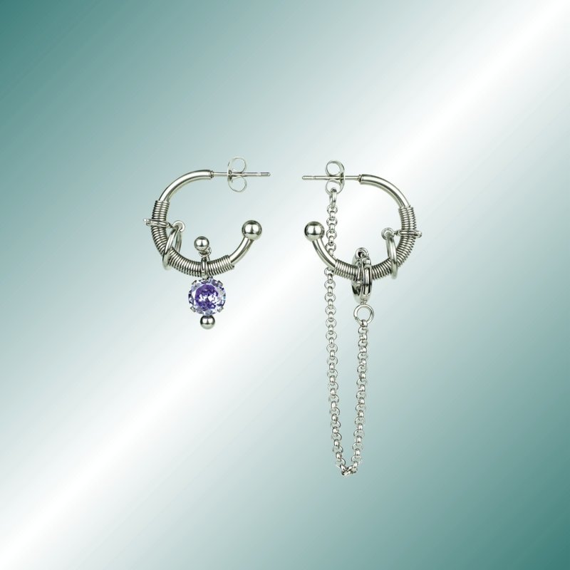 PIERCING Piercing Series Stone Chain Half Hoop Earrings - Earrings & Clip-ons - Stainless Steel Silver