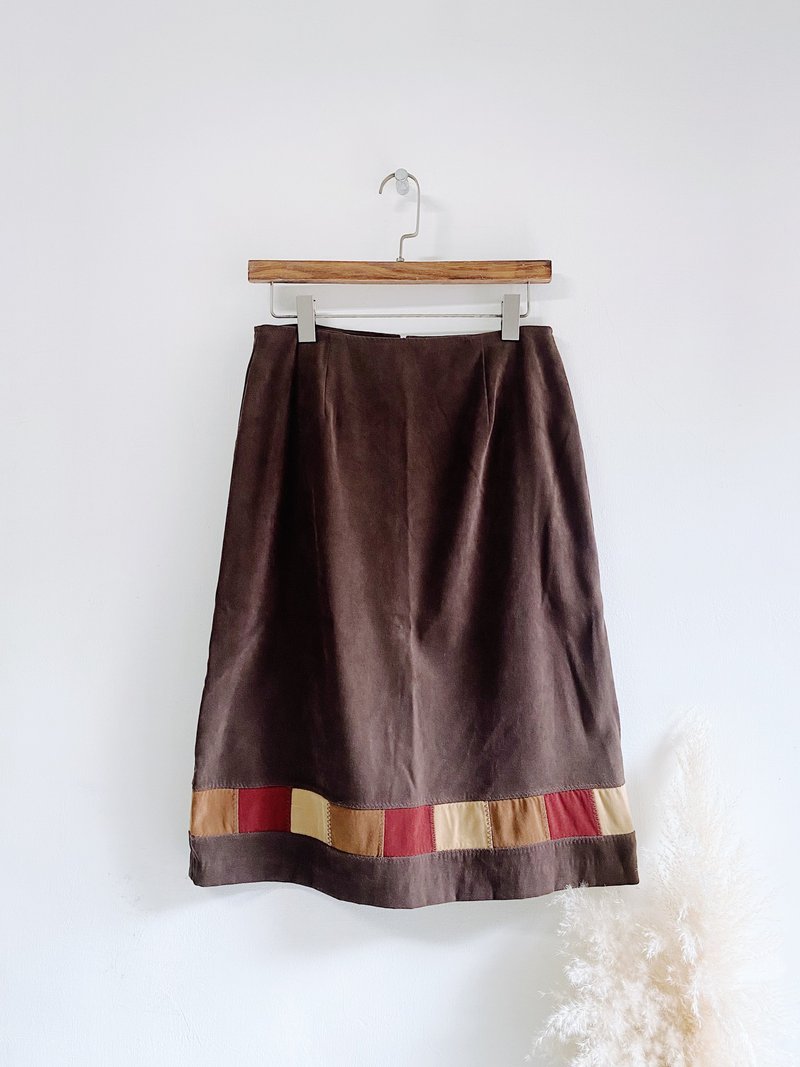 拿鐵咖啡芥末戀日橙橘 古董古著拼布塊面下身A字裙 skirt vintage - 裙子/長裙 - 棉．麻 咖啡色