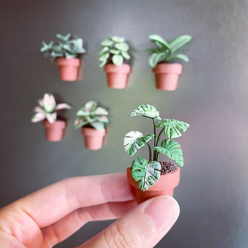 Mini foliage plant pot magnets_6 types in total. Simulated clay foliage plants - Magnets - Clay Green