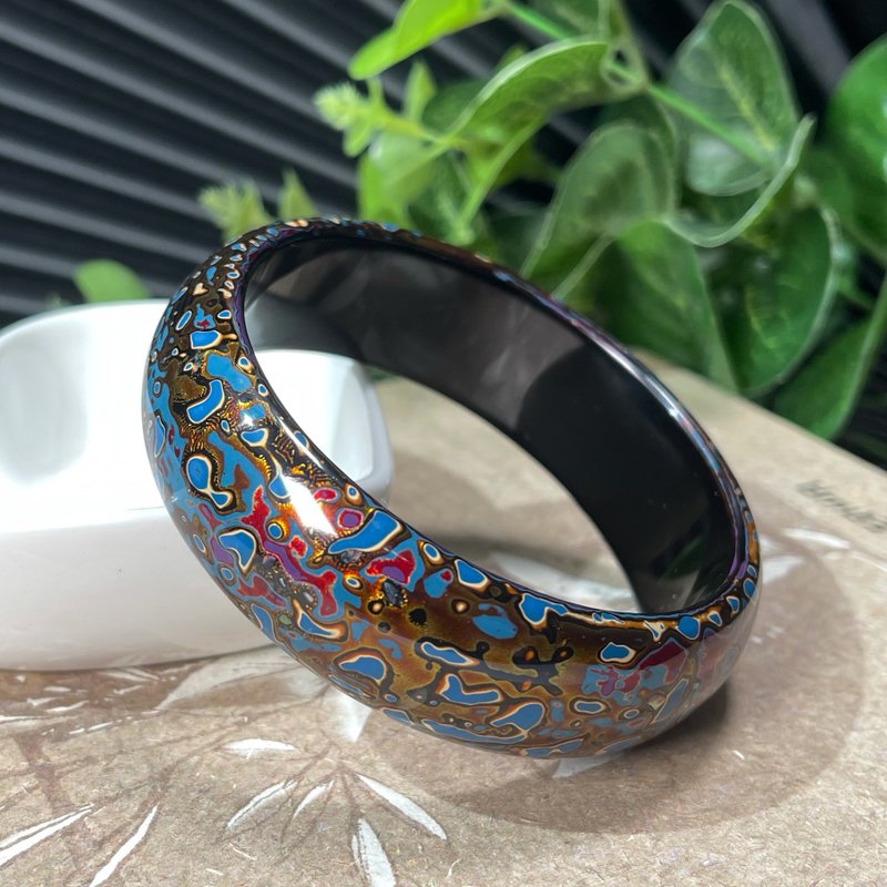 檀香大漆手鐲59+MM 東方漆藝金底藍花螺鈿檀脫胎木手環 中式漢風 - 手鍊/手環 - 木頭 