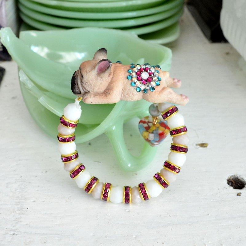 Shar Pei Pug Bull Terrier with Swarovski Crystal Opal Beaded Elastic Bracelet - สร้อยข้อมือ - วัสดุอื่นๆ สีดำ