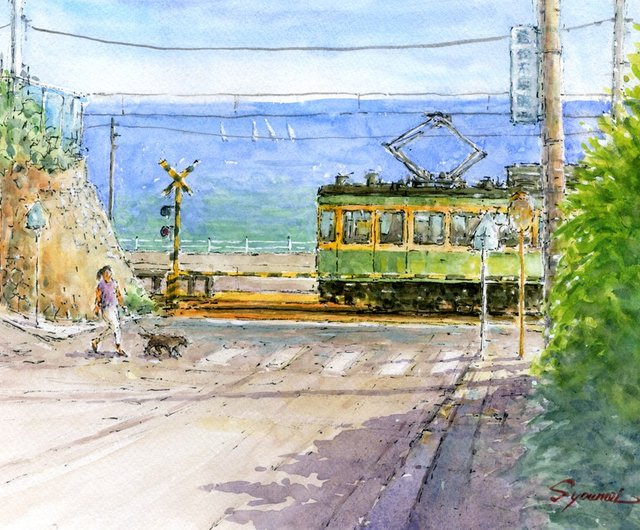 水彩画 原画 額装なし さくらと鉄道 - 絵画