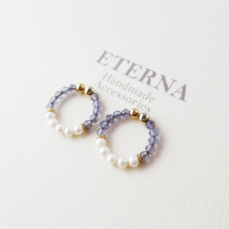 Fresh water pearl and  and Iolite, tiny hoop earrings 夾式耳環 - Earrings & Clip-ons - Pearl Blue