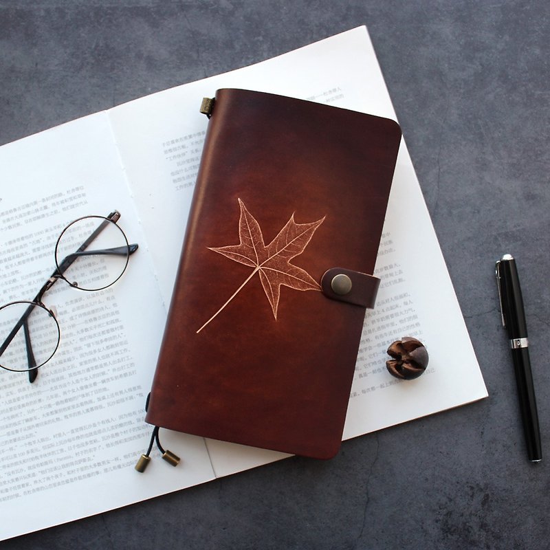 Deep Brown maple leaf notebook hand book leather leather diary TN Travel Notepad can be customized - Notebooks & Journals - Genuine Leather Brown
