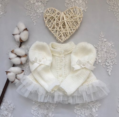 V.I.Angel Hand made knit ivory sweater with lace and pearls for baby girl.
