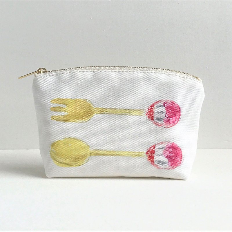 Gardener's Tea Party Round gusseted pouch Cutlery pattern pink - กระเป๋าเครื่องสำอาง - ผ้าฝ้าย/ผ้าลินิน สึชมพู