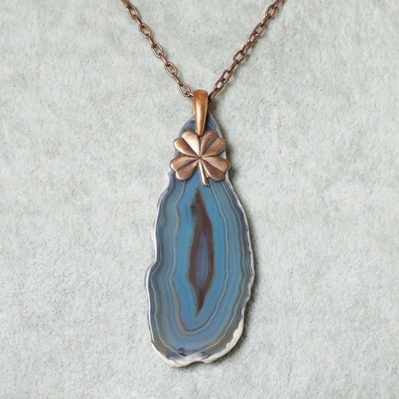 Copper Four Leaf Clover Gray Brown Agate Slice Slab Pendant Necklace Jewelry - 項鍊 - 半寶石 灰色