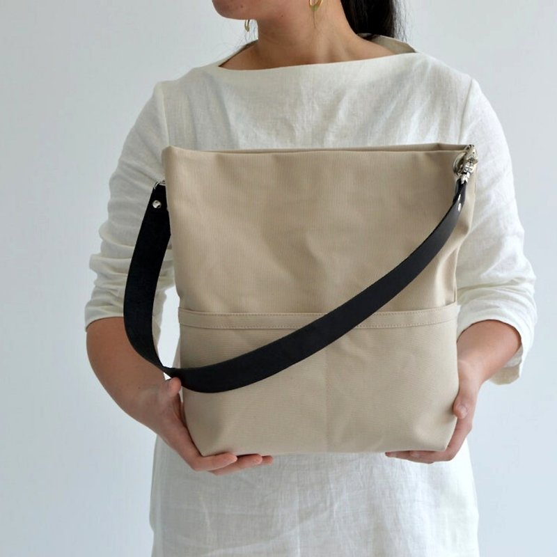 Hobo Tote Bag, Canvas Zipper tote, Shoulder bag with leather strap-Beige - Messenger Bags & Sling Bags - Other Materials Khaki