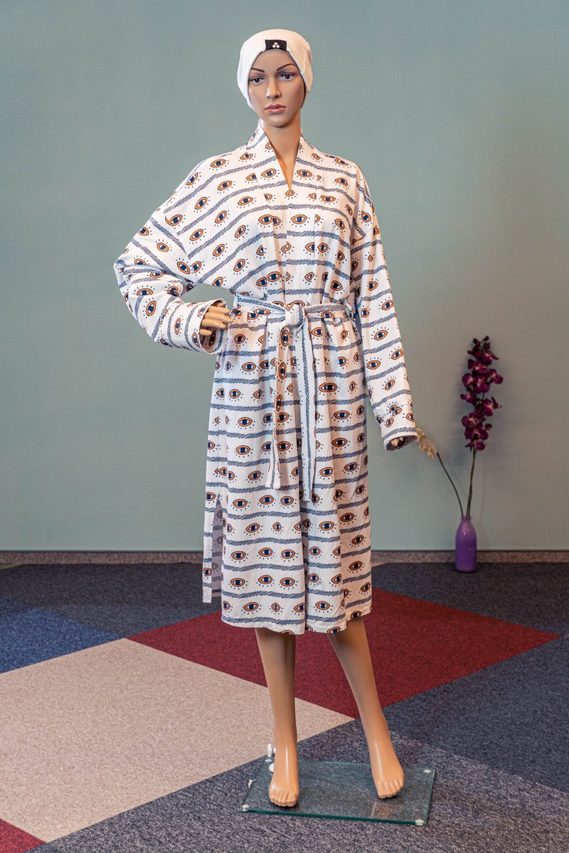 Knit eye ornament kimono robe / Unisex long sleeve belted kimono - ชุดเดรส - ผ้าฝ้าย/ผ้าลินิน ขาว