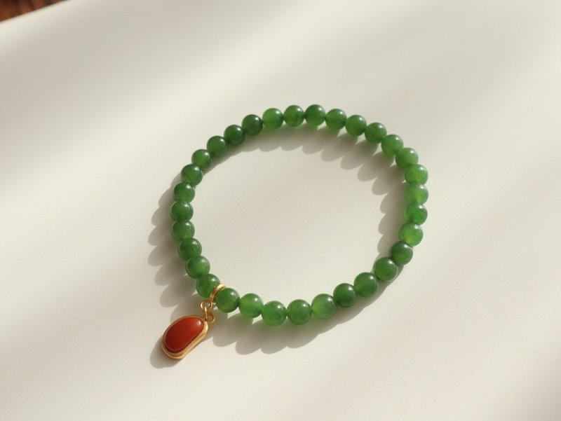 6mm天然和田玉・碧玉 シルバー象嵌 南紅豆粒デザイン シングルブレスレット - ブレスレット - 翡翠 グリーン