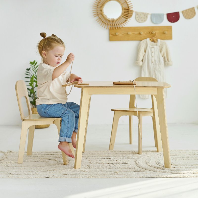 Natural wooden kids table and 2 chairs set Kid furniture Toddler table and chair - Kids' Furniture - Wood Khaki