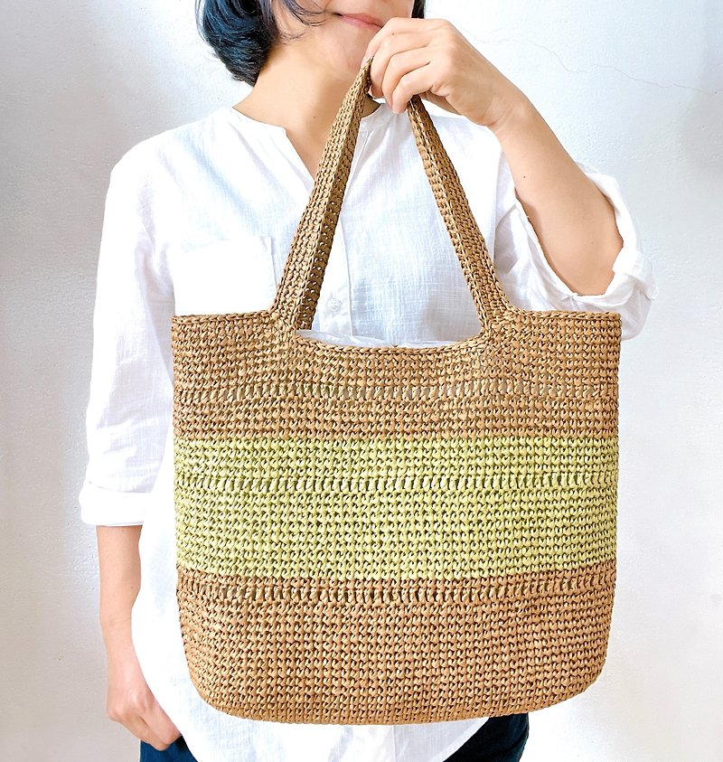 Summer weaving classic raffia hand hook side bag mint green and camel - Messenger Bags & Sling Bags - Eco-Friendly Materials 