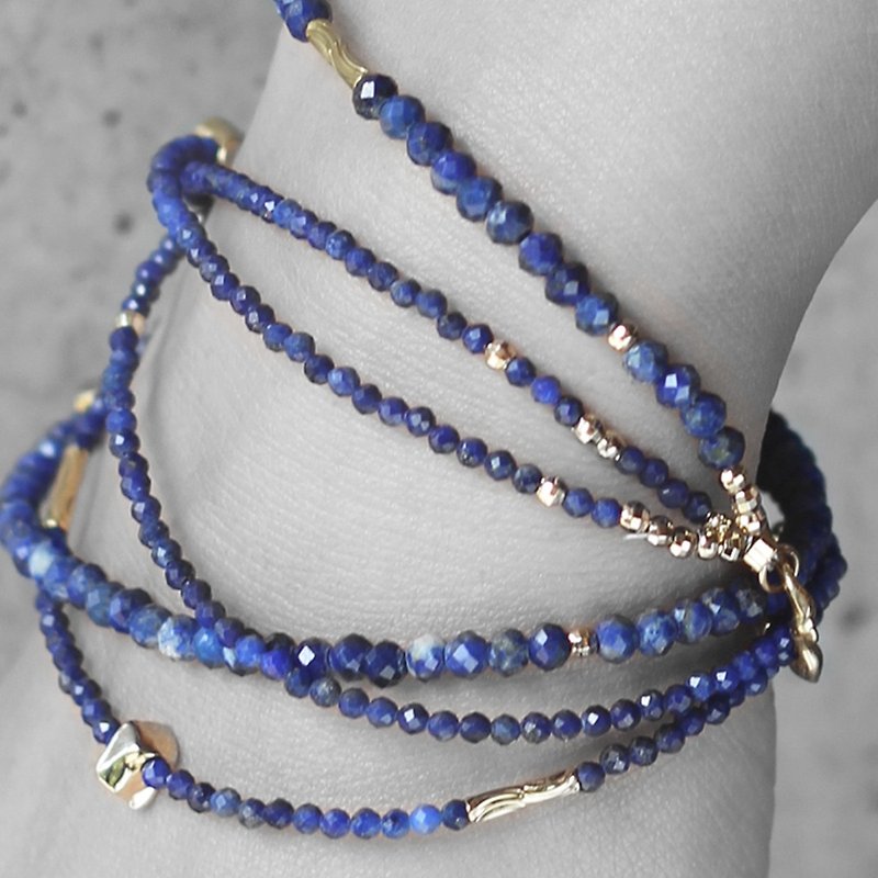 The last set. Blue flame. Natural ore six-ring bracelet lapis lazuli 18K gold-plated copper accessories - สร้อยข้อมือ - เครื่องเพชรพลอย สีน้ำเงิน