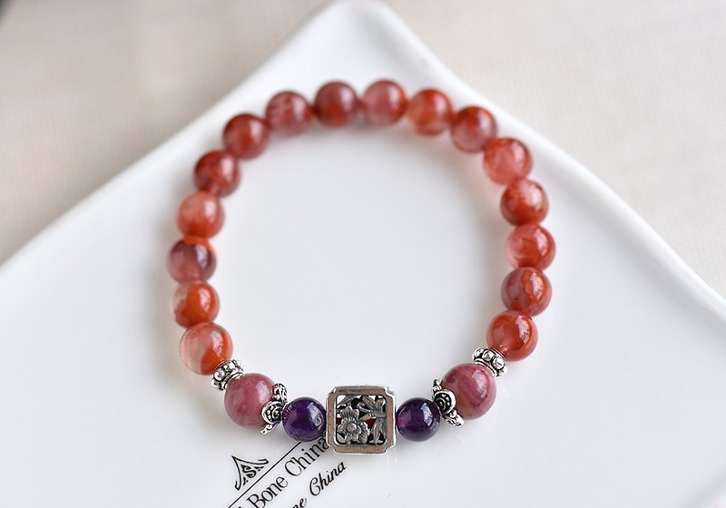 南紅瑪瑙+玫瑰石+紫水晶純銀花朵手鍊 - 手鍊/手環 - 水晶 紅色