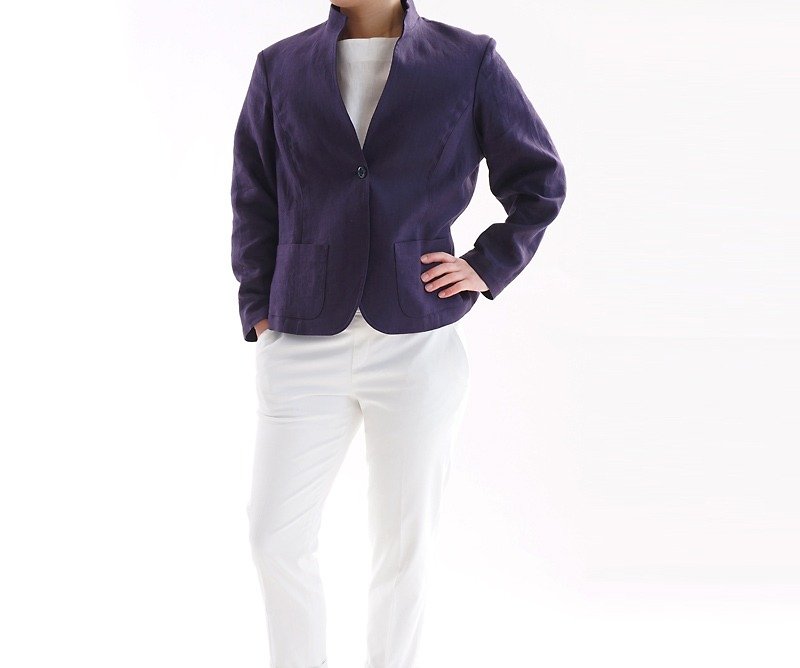 linen / linen jacket / tailored jacket / long sleeve / outerwear / b20-8 - เสื้อสูท/เสื้อคลุมยาว - ผ้าฝ้าย/ผ้าลินิน สีม่วง