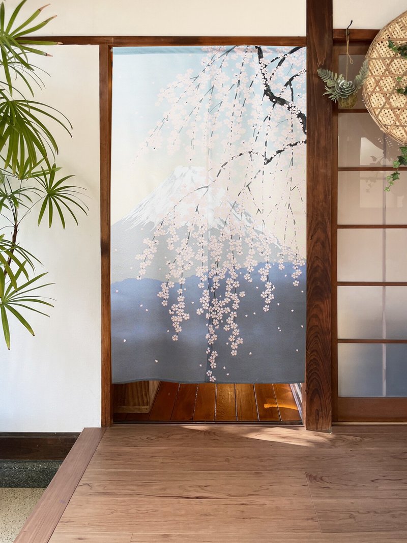 [Pre-order] Japan-made Sakura Mount Fuji long nore curtain - Doorway Curtains & Door Signs - Polyester Blue