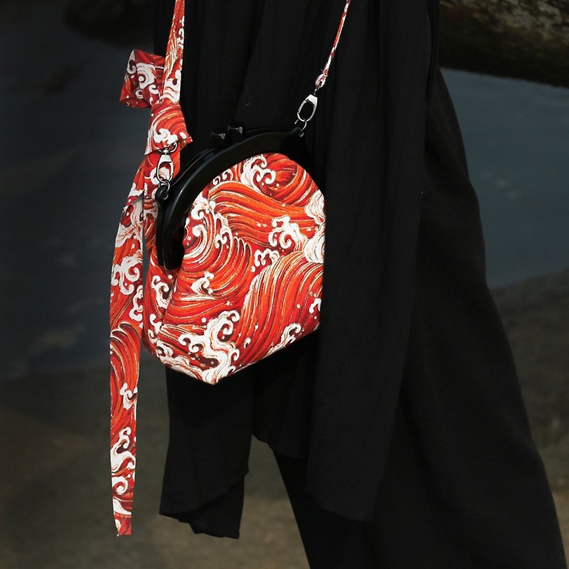 軻人原創設計棉麻女口金包海浪布包單肩斜跨女士包袋懷舊文藝復古 - 側背包/斜孭袋 - 棉．麻 