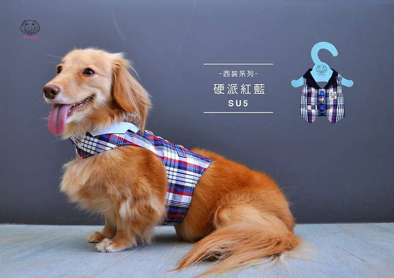 犬用ハーネス チェック柄スーツ 4色中 - 洋服・帽子 - コットン・麻 ブルー
