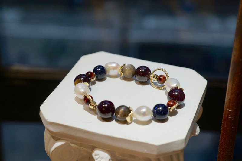 Garnet | Red Tiger Eye | Pearl | Black Sun Stone | Blue Sand Stone Bracelet Xmas - Bracelets - Crystal Gold