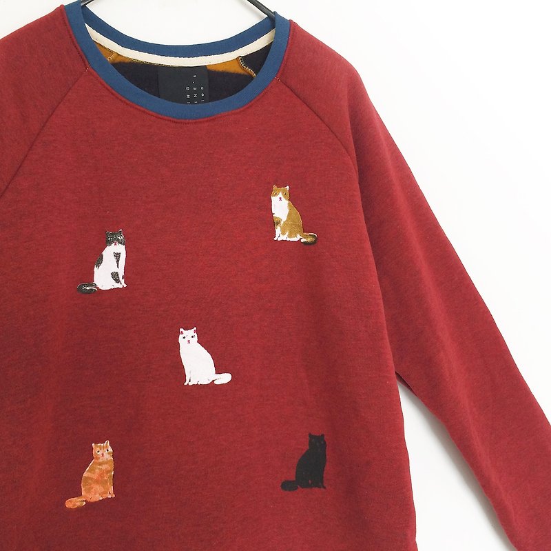 Cats Sit // Sweater /// Burgundy Red - 毛衣/針織衫 - 棉．麻 紅色