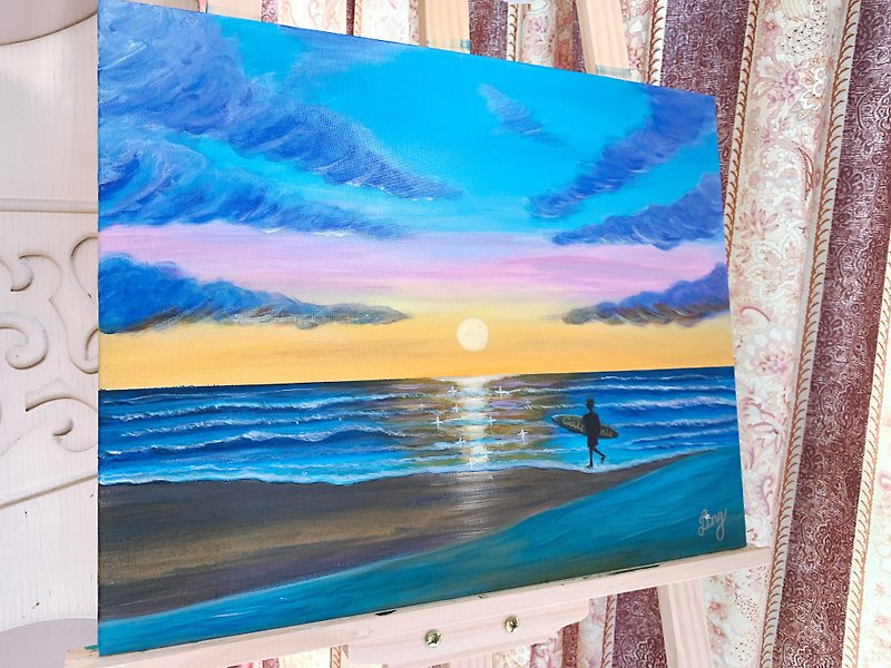 裝飾畫 100%純手繪 夢幻海灘夕陽 仿油畫 壓克力畫 非數字油畫 海 - 裝飾/擺設  - 壓克力 多色