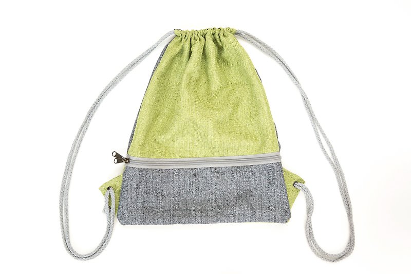 Bittersweet front and rear zipper drawstring pockets / drawstring backpack-imitation linen gray and green - Drawstring Bags - Other Man-Made Fibers Green