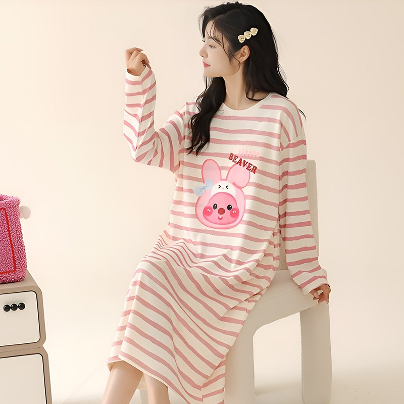 Pink Lady cotton soft one-piece nightgown, playful rabbit striped round neck long-sleeved women's pajamas, home wear - Loungewear & Sleepwear - Other Man-Made Fibers Pink