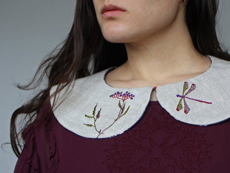 Peter Pan Embroidered Collar, Floral Collar, Bib Collar, Gift for her, dragonfly - 項鍊 - 棉．麻 
