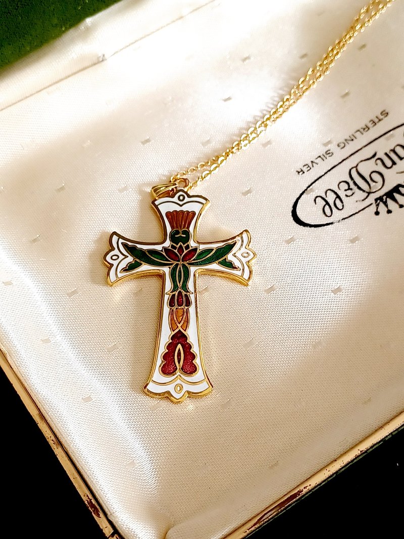 vintage jewelry elegant white gothic cross cloisonne necklace - สร้อยคอ - โลหะ 