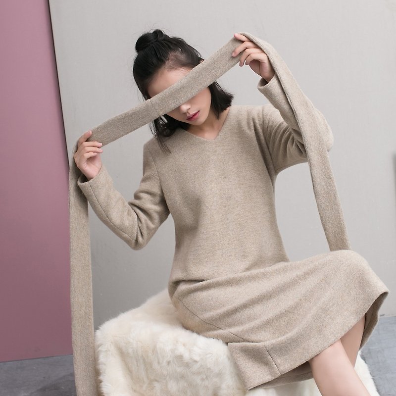 Anne Chen 2016 autumn and winter new women's Korean version of self-cultivation long-sleeved bottoming skirt long coat thick dress - One Piece Dresses - Cotton & Hemp Khaki